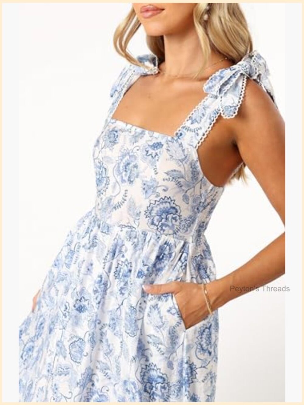 Women's Casual Midi Dress with Adjustable Straps, Square Neckline, Shirred - Picture 2 of 5